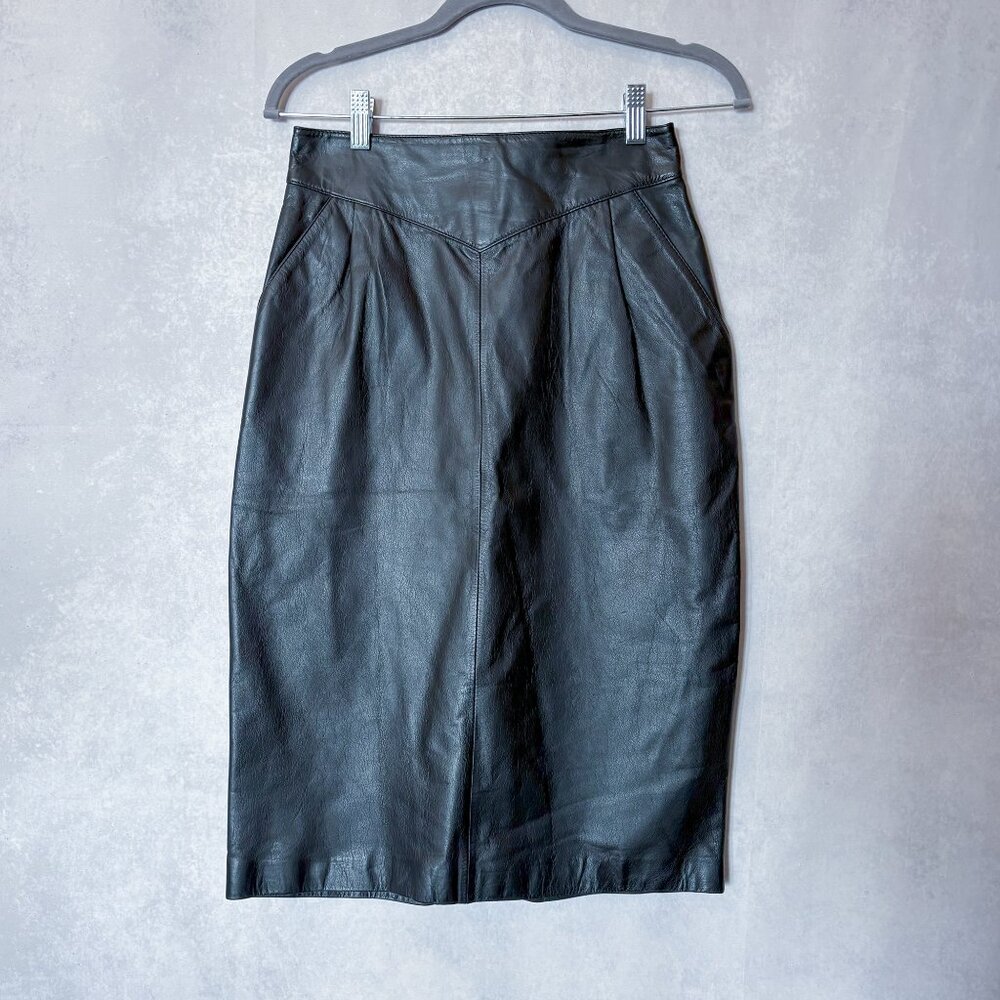 A.D.A.Vintage 80's Genuine Leather Pencil Skirt Back Zip Up Black Size 7